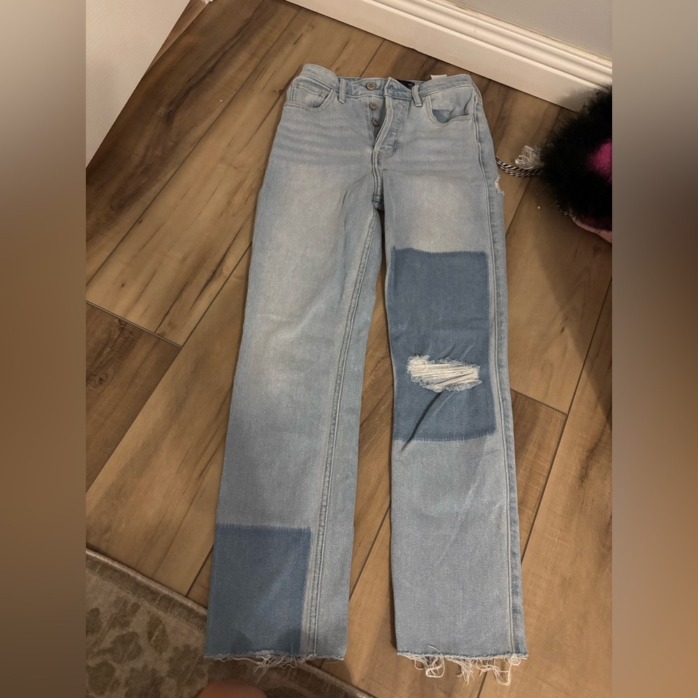 Hollister Light Blue Patchwork Straight Leg Jeans